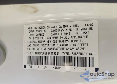 2008 Honda Accord 3.5 Ex-L из США, поврежденный, VIN 1HGCP36888A019524